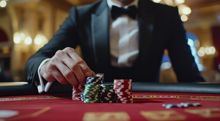Layar permainan Casino Hold'em papabet menampilkan dealer dan kartu komunitas